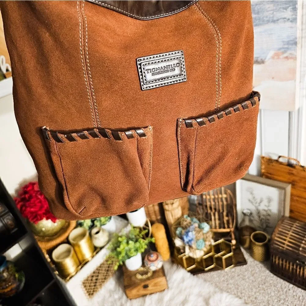 Tignanello Brown Suede Stylish Hobo Handbag.